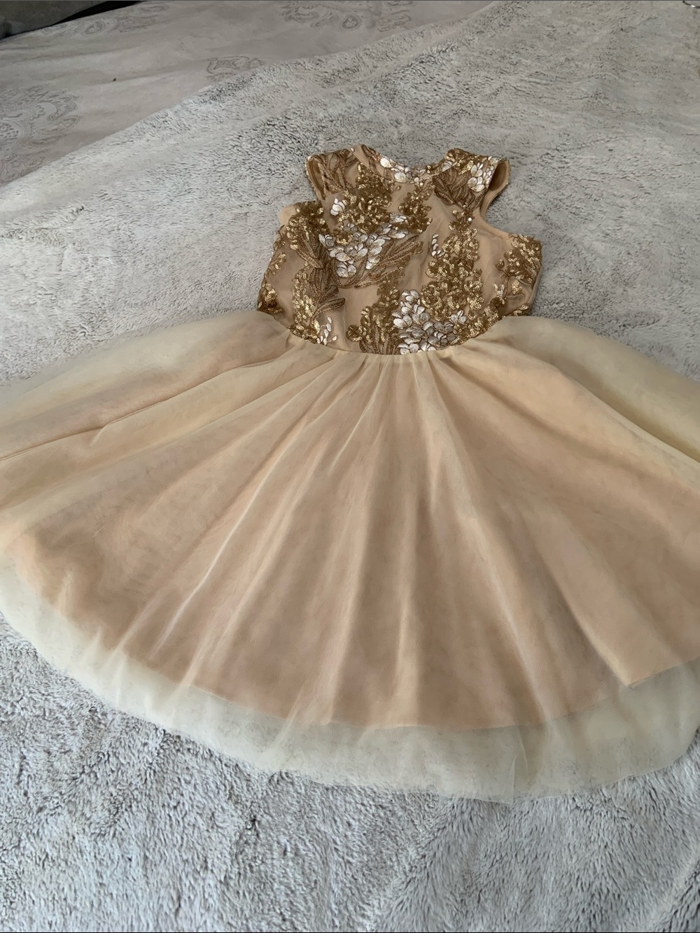 Miss Behave Girls' Gold Embroidered Tulle Party Dress